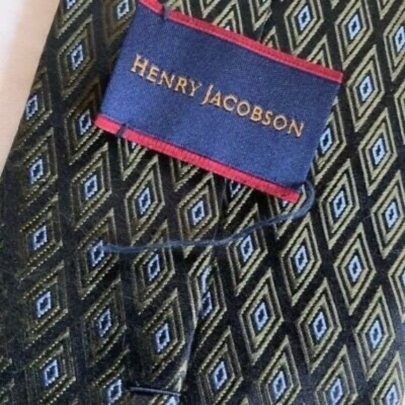 Henry Jacobson Mens Tie Black Blue Diamonds Textured Weave Business Work Necktie - Picture 5 of 6